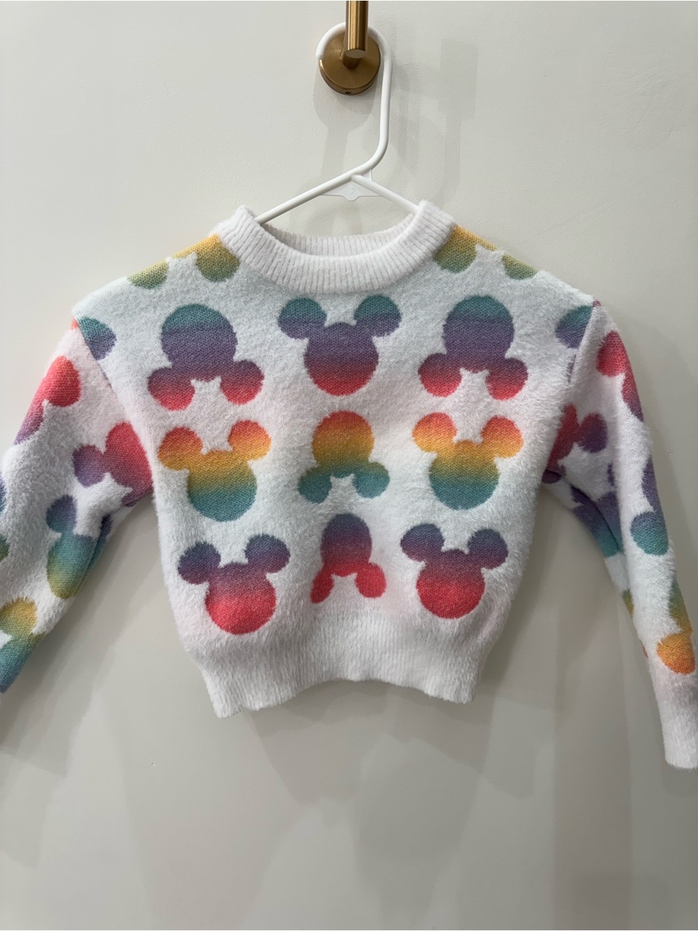 Disney White Plush Crew Sweater with Rainbow Mickey Icons